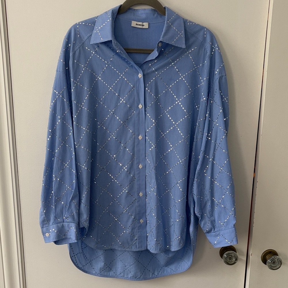 Sandro Blue Diamond Rhinestone Janiero Button Up Shirt Size 3